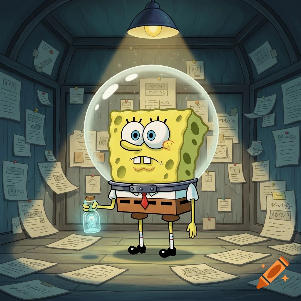 SpongeBob in a bubble helmet holds a glowing bottle in a cluttered room with papers on the walls and floor, looking surprised.