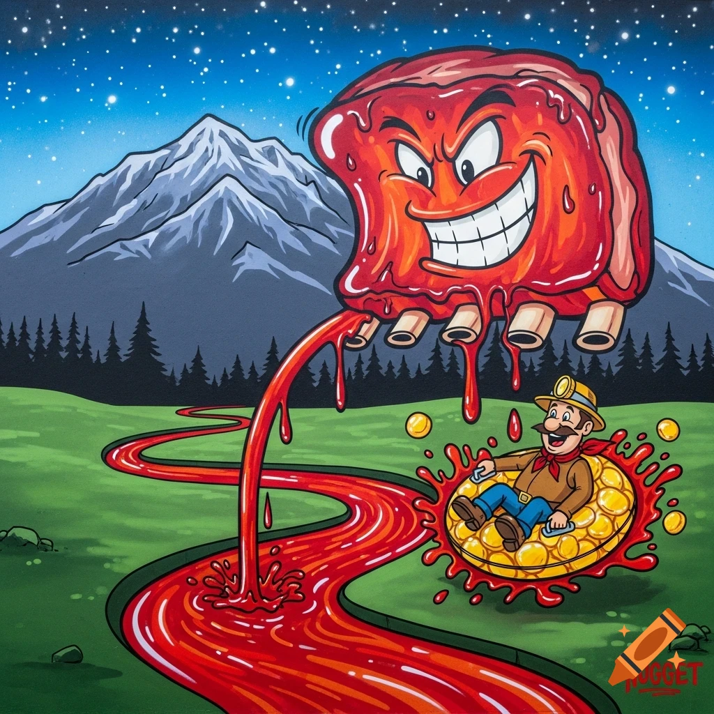 A cartoon rib monster dripping red BBQ sauce into a river where a prospector floats on golden nuggets in a mountain landscape.