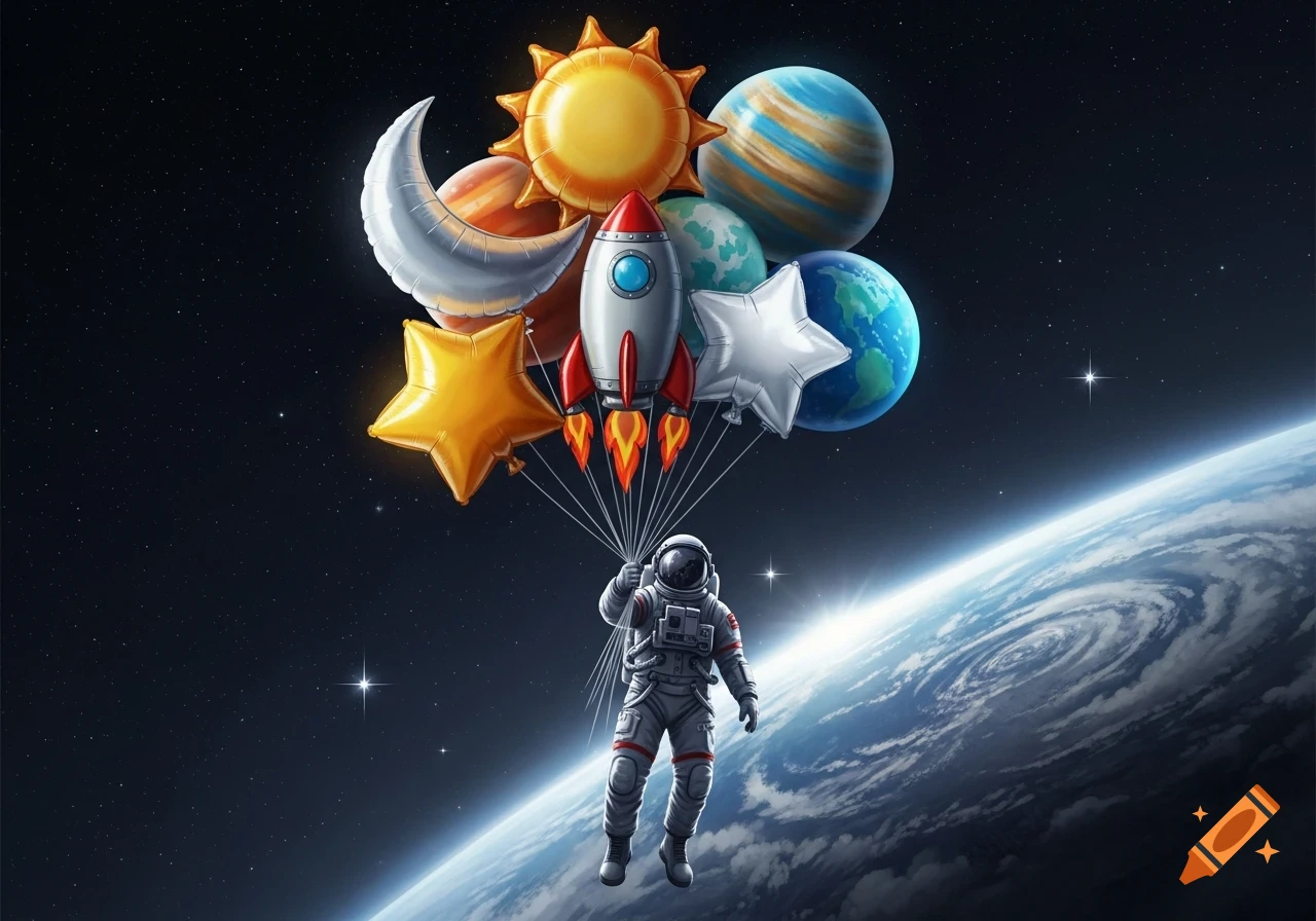 An astronaut floats above Earth in space, holding shiny foil balloons shaped like the sun, moon, stars, a rocket, and planets.