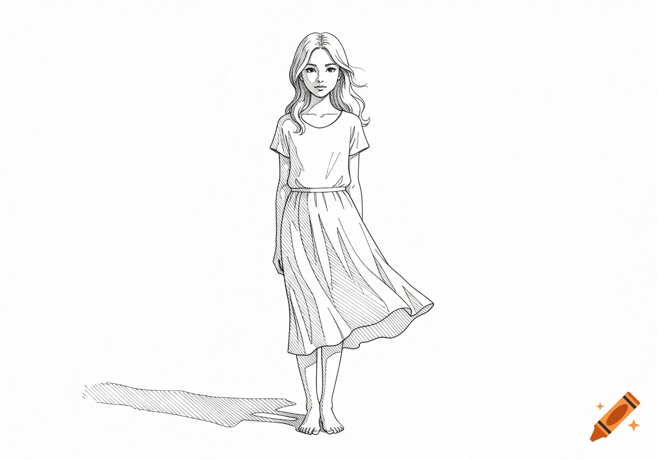 A black and white pen drawing of a young girl with long wavy hair ...