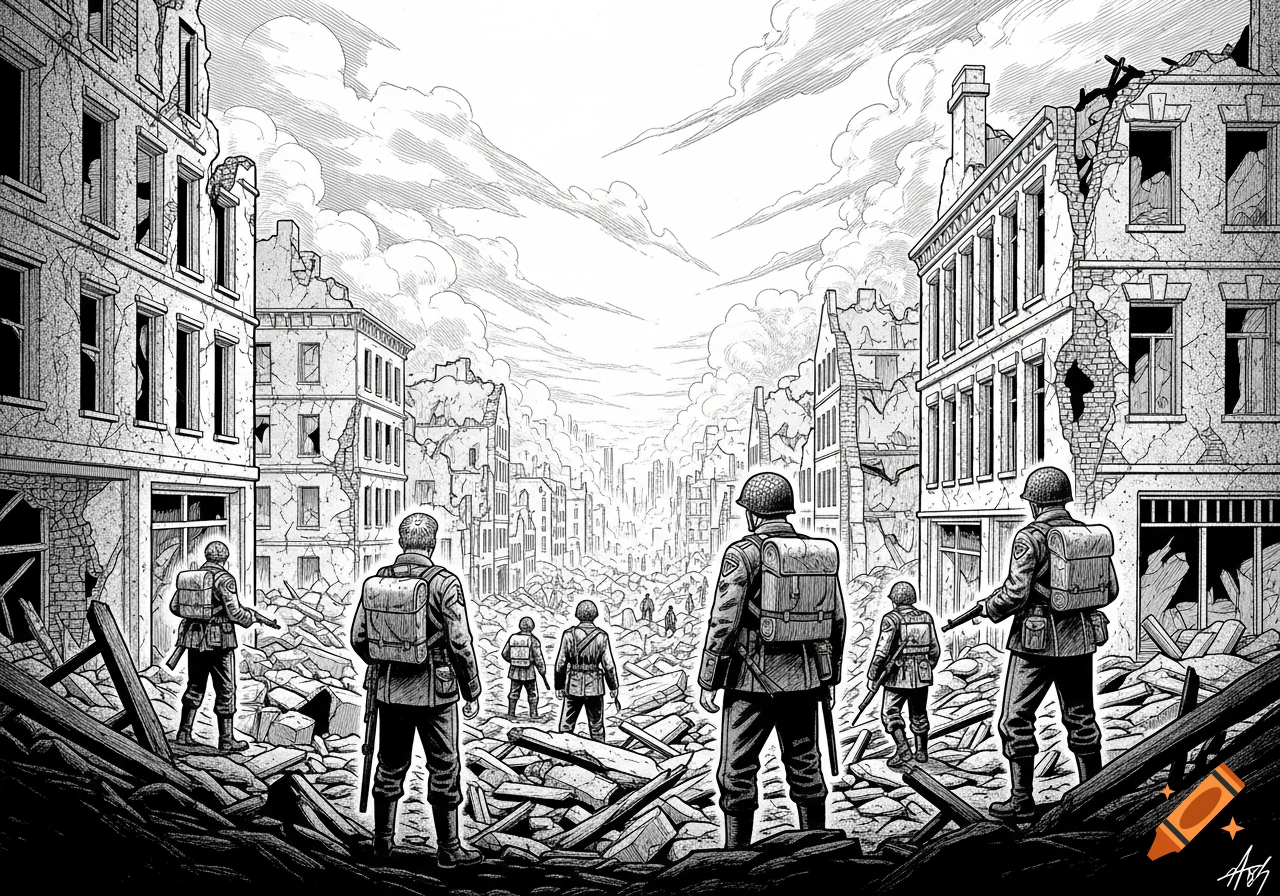 Black and white graphic novel style art showing soldiers walking through a destroyed city from WWII.