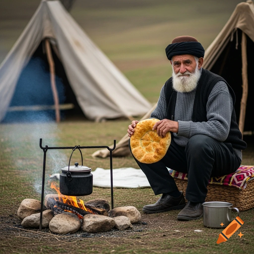 An old man with a white beard sits by a campfire, holding round bread, with tents in the background, in a photorealistic style.