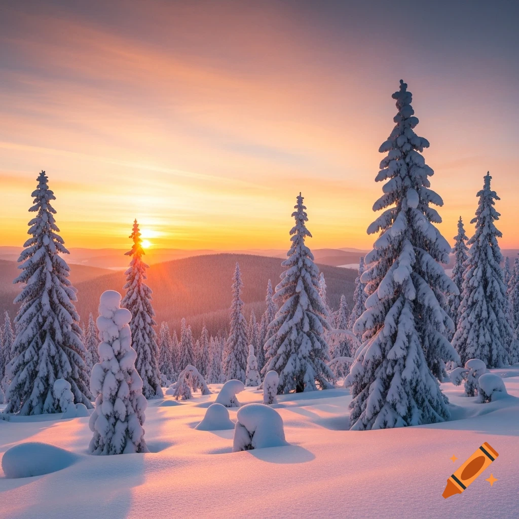 A serene winter landscape featuring snow-covered fir trees under a vibrant sunset.