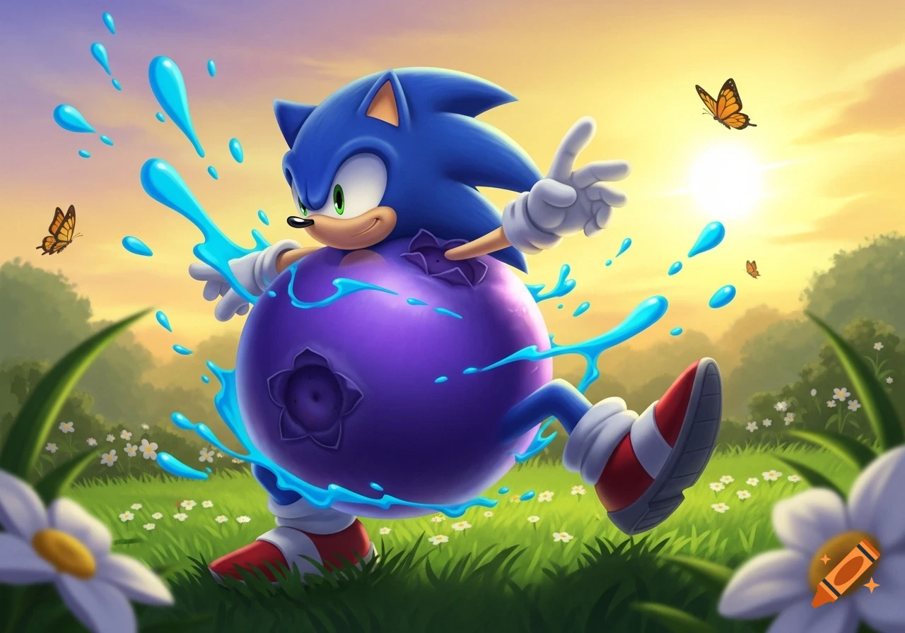 Sonic the Hedgehog, transformed into a mega blueberry, splashes blue liquid in a vibrant, sunny field with flowers and butterflies.