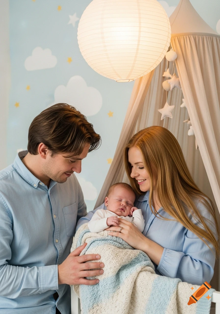 A brown-haired man and a smiling ginger woman in blue shirts admire their sleeping newborn baby wrapped in a striped blanket in a nursery.
