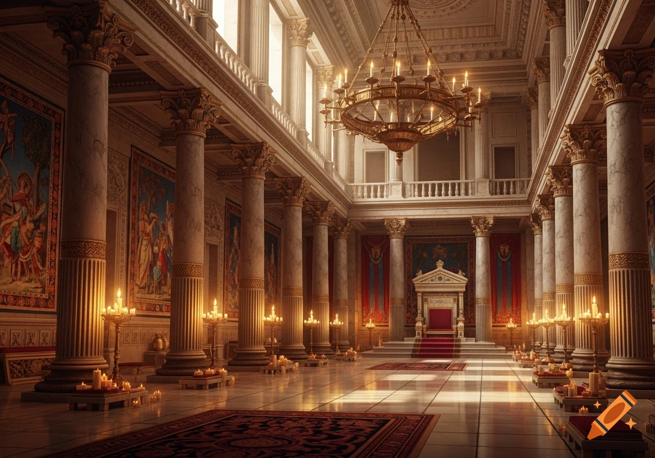 A lavish, ancient palace hall with marble columns, ornate tapestries, a golden chandelier, and candles illuminating a red throne on a dais.