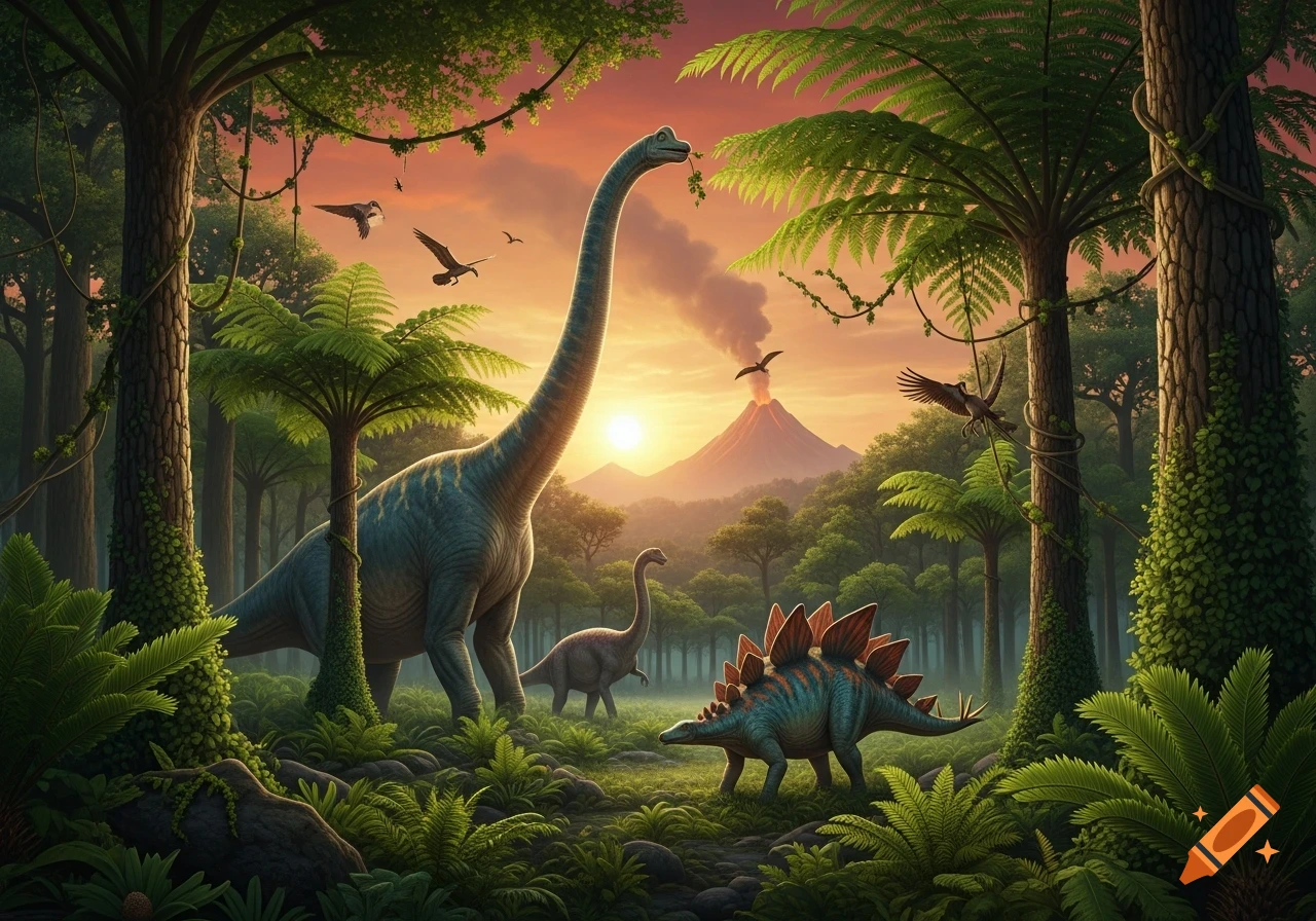 A prehistoric jungle scene at sunset with a long-necked dinosaur, a stegosaurus, and a smoking volcano.