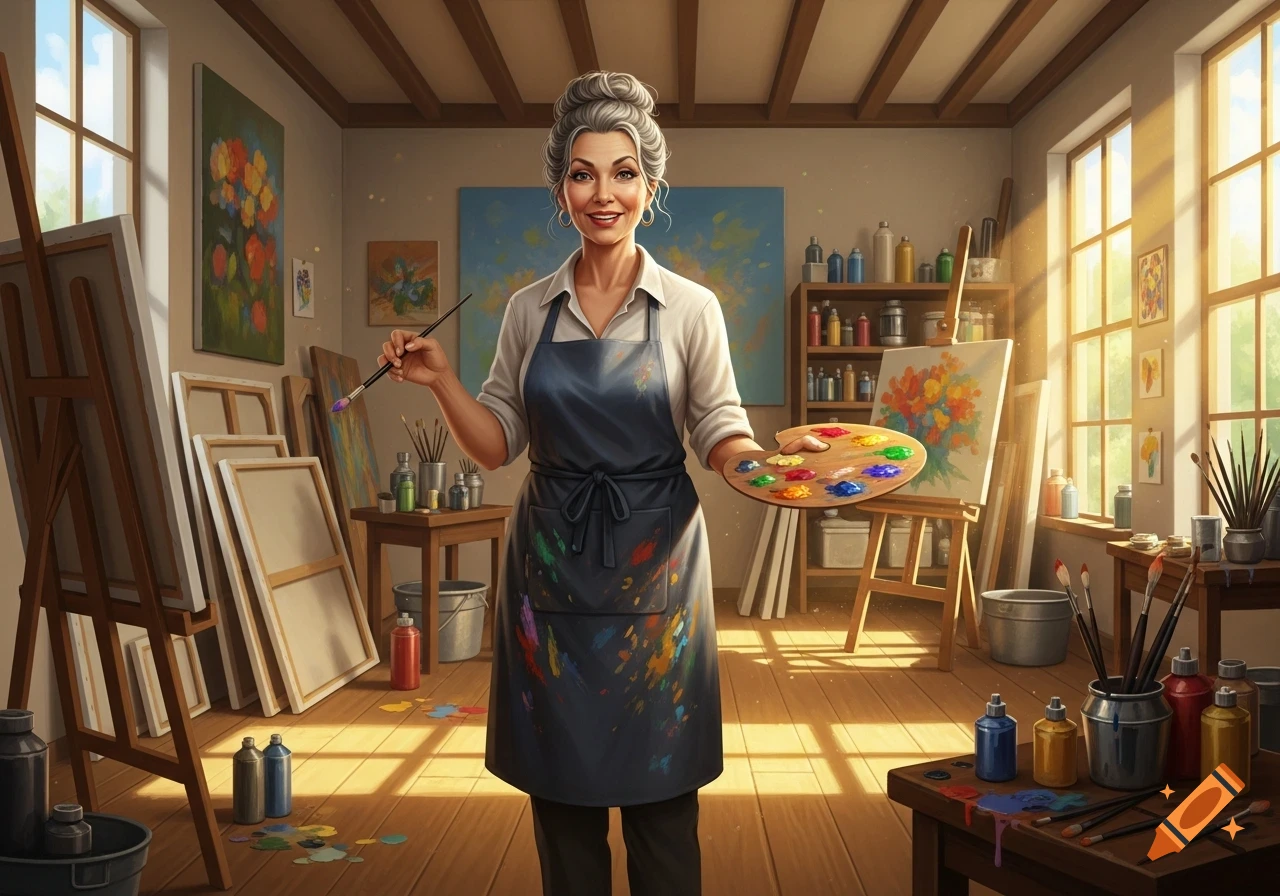 A smiling mid-50s woman artist with hair in a bun holds a paint palette and brush in a sunlit art studio filled with easels.