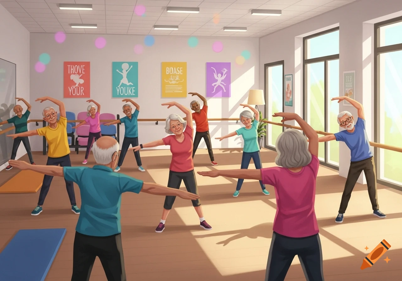 A diverse group of seniors in a brightly lit gym stretching and exercising with a barre, in a colorful illustration style.