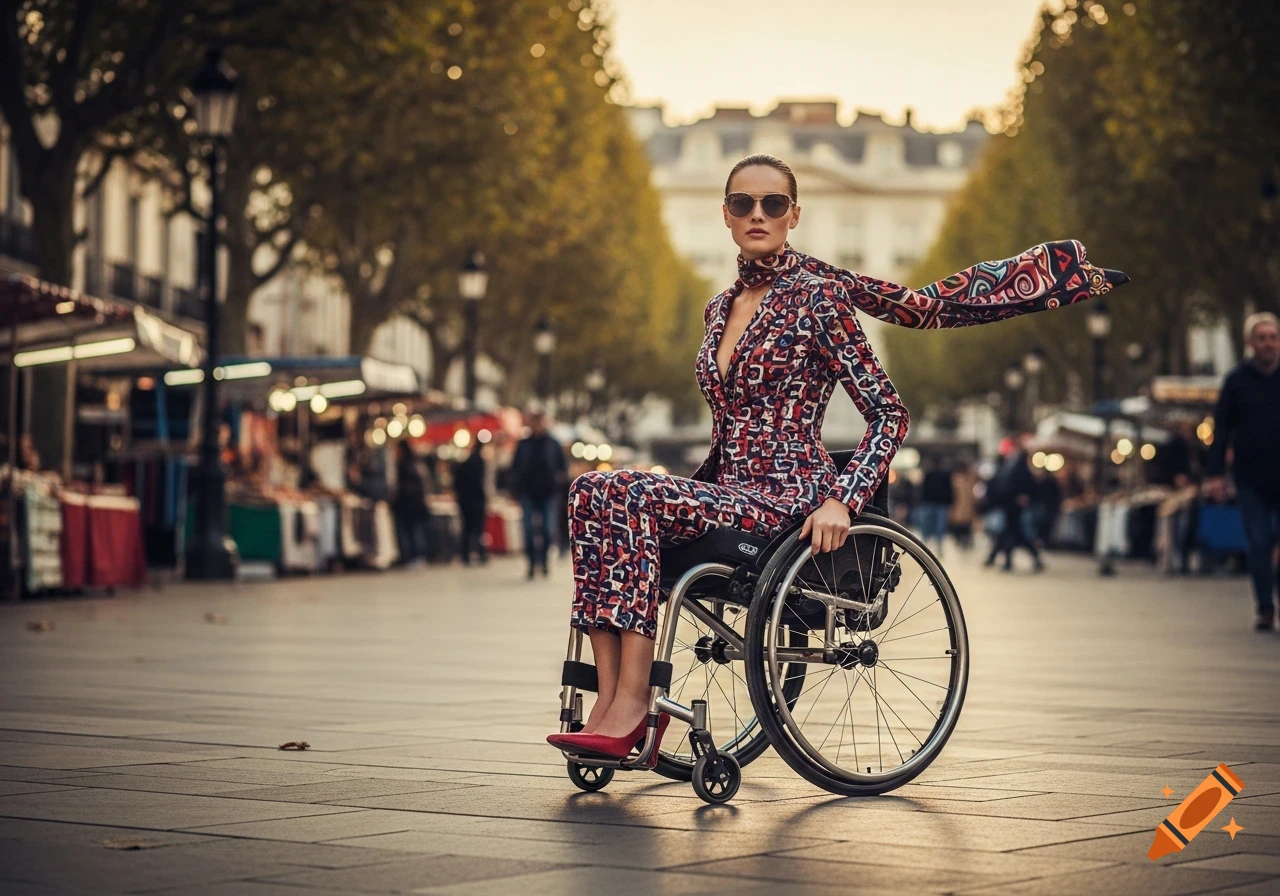 A fashionable woman in a patterned suit and red heels sits in a wheelchair on a city street, with market stalls behind her.