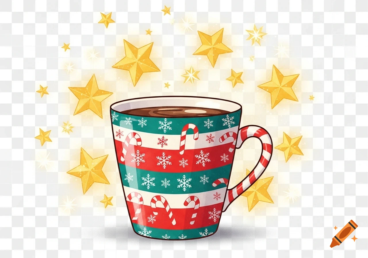 A vibrant Christmas mug with red, white, and teal stripes, decorated with candy canes and snowflakes, surrounded by glowing golden stars on a transparent background.