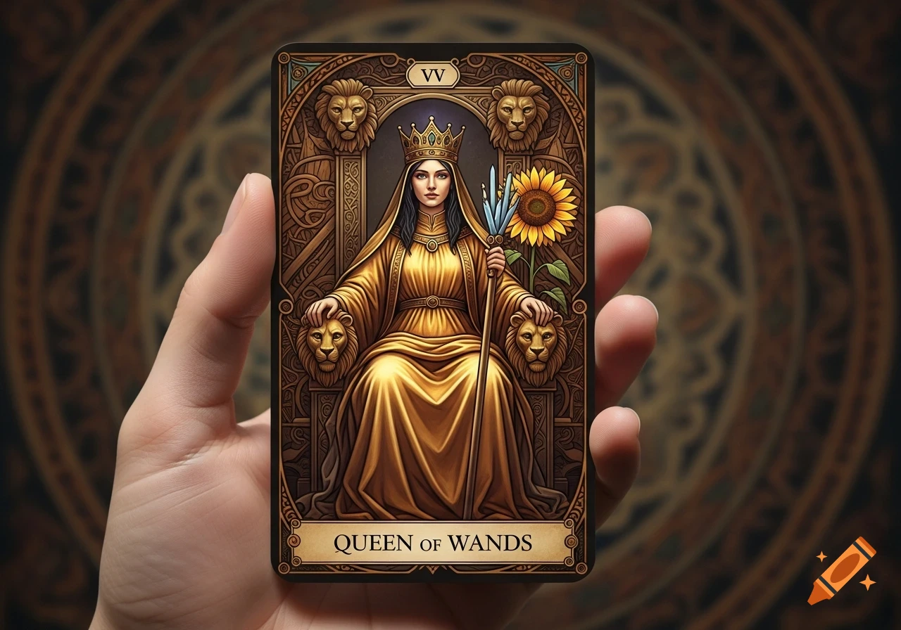 A hand holds a detailed tarot card, 'Queen of Wands', depicting a queen in golden robes on a lion-decorated throne, holding a staff and sunflower, against an ornate background.
