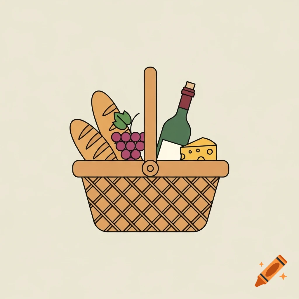 An illustration of a picnic basket filled with baguettes, grapes, cheese, and a bottle of wine on a light background.