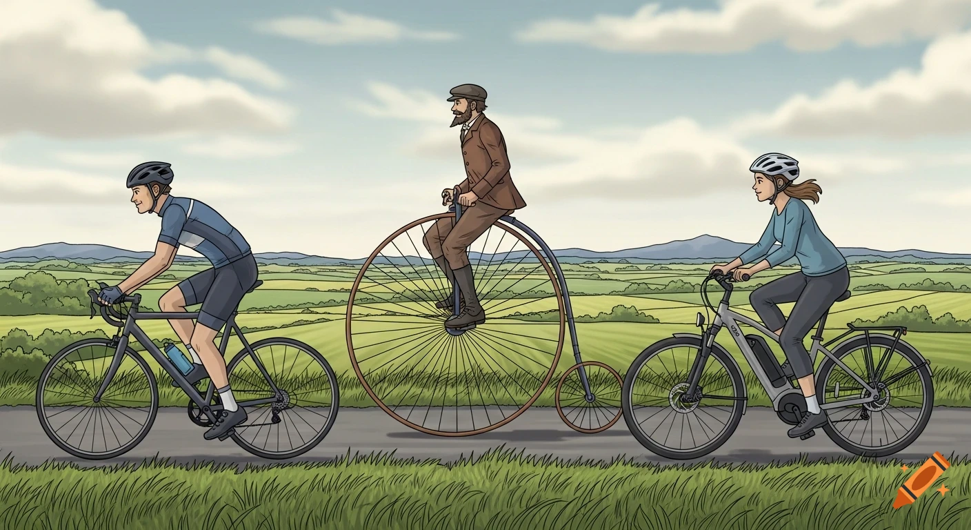 Comic art of three people cycling: a man on a road bike, a man on a penny-farthing, and a woman on an e-bike, all on a country road.