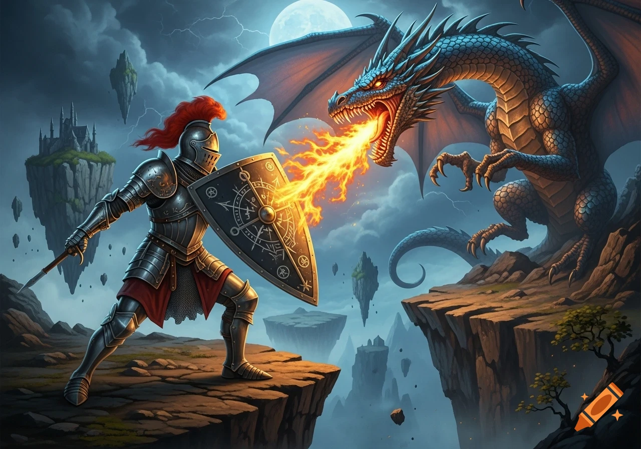 A knight in shining armor defends with a shield against a fire-breathing blue dragon on a floating island, under a full moon.
