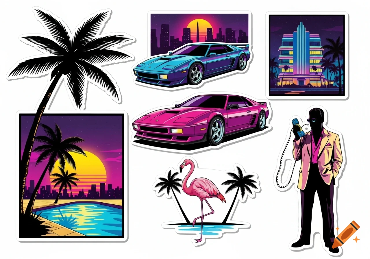 A sticker pack in a retro 80s style, featuring neon cars, palm trees, Art Deco buildings, a flamingo, and a man on the phone.
