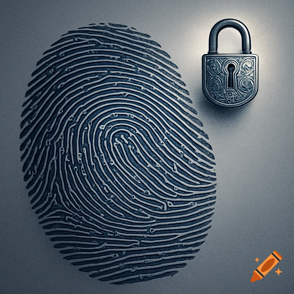A large, detailed fingerprint rendered in blue tones next to a small, ornate metal padlock, symbolizing data security.