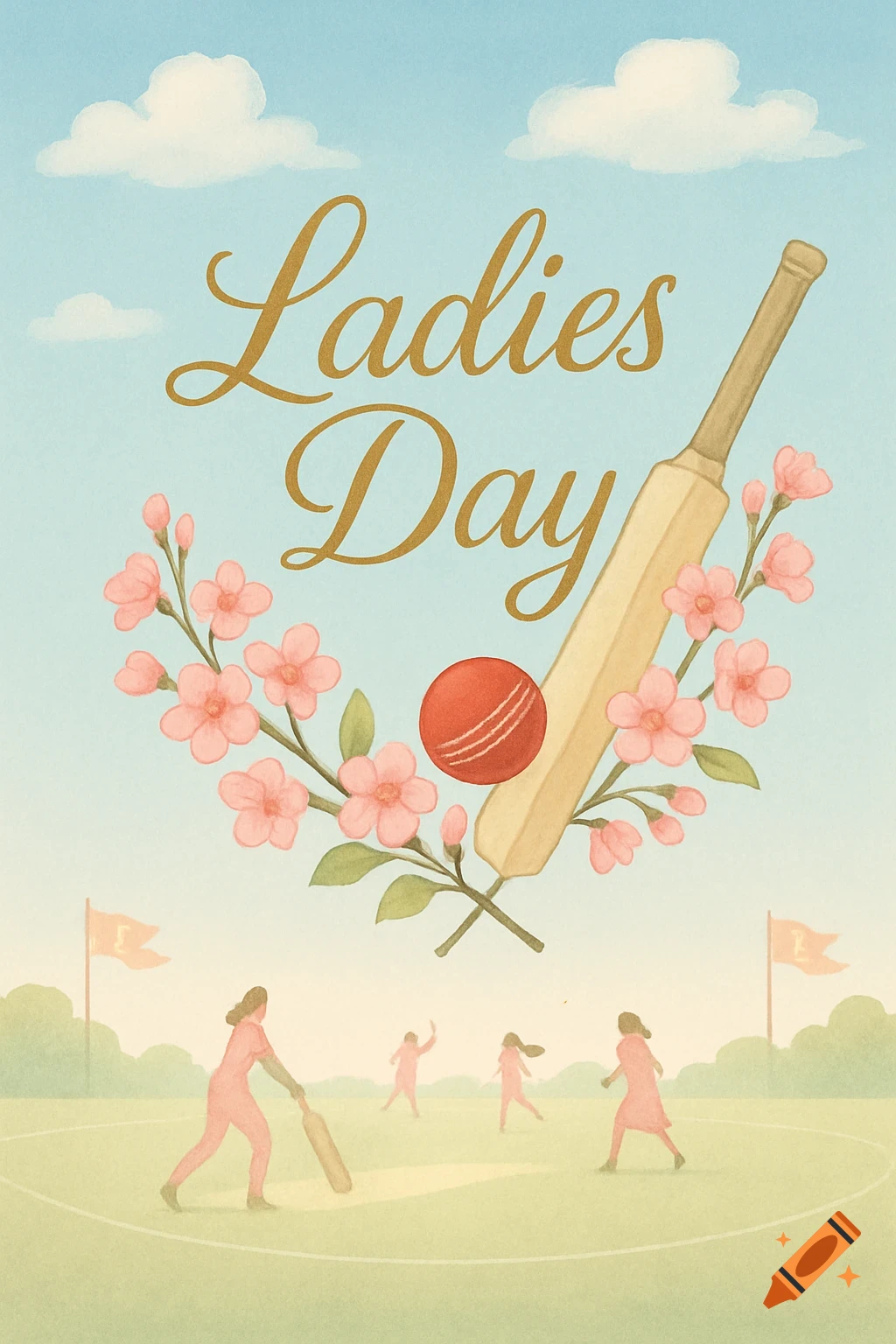 Watercolor illustration for 'Ladies Day' featuring a cricket bat, ball, pink flowers, and women playing cricket on a green field under a blue sky.