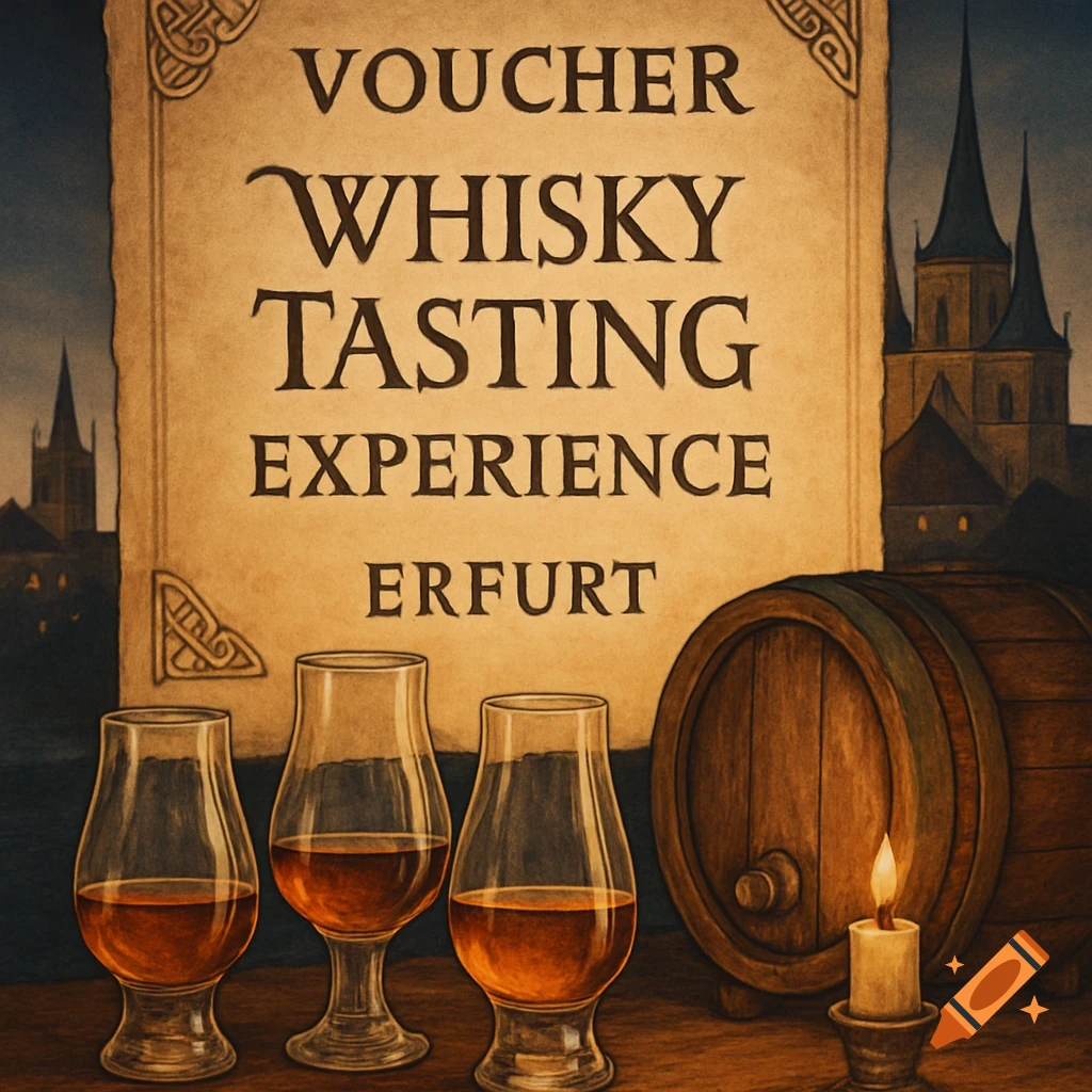 A vintage-style illustration shows a whisky tasting voucher with three glasses of whisky, a barrel, a lit candle, and a distant city with spires.