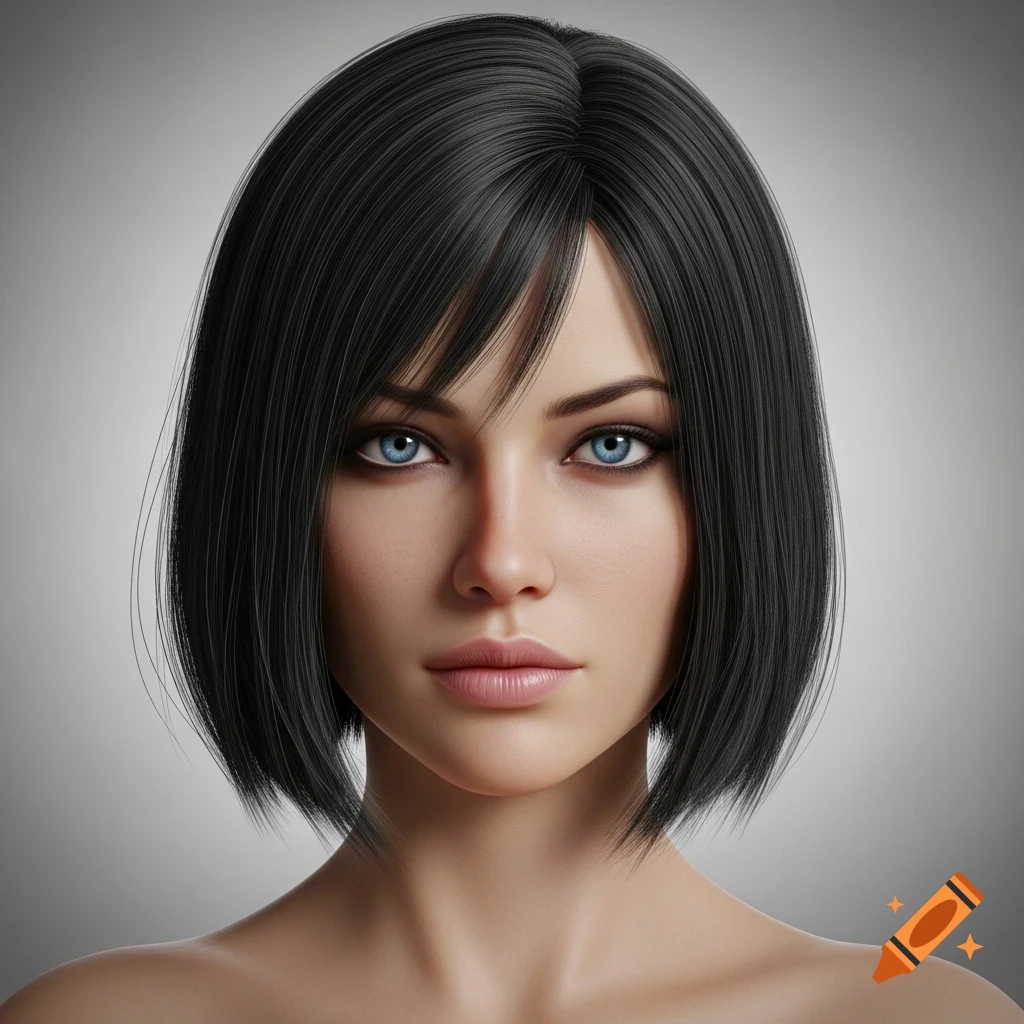 Photorealistic headshot of a woman with short black hair and striking blue eyes.