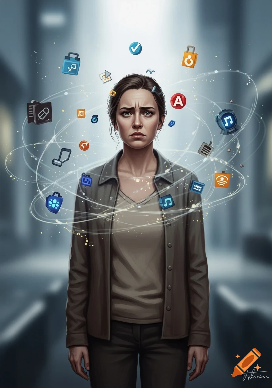 An illustration of a woman with a worried expression, surrounded by swirling, abstract app icons and light trails, symbolizing mental overload.