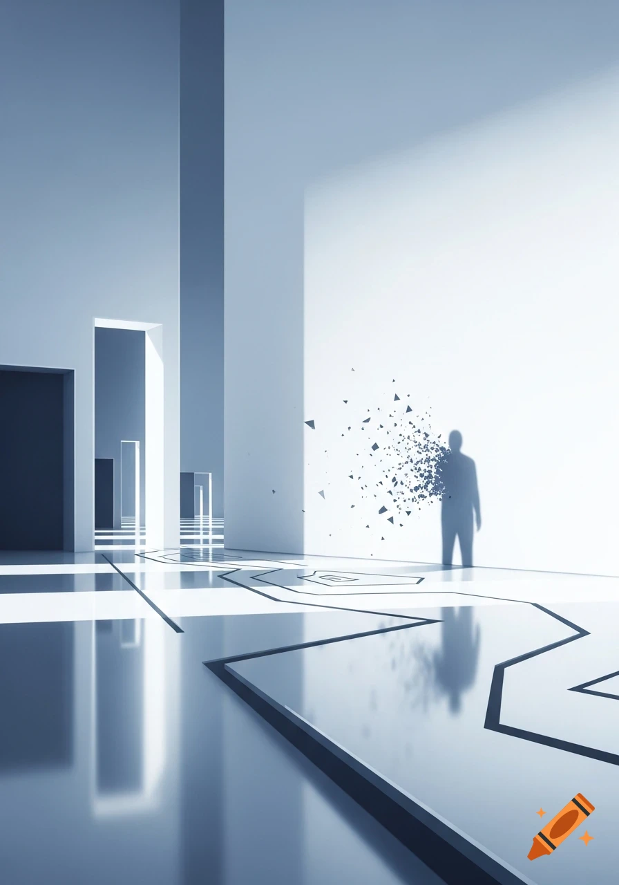A minimalist, bright liminal space with geometric floor patterns and a shadowy figure dissolving into particles against a stark white wall.