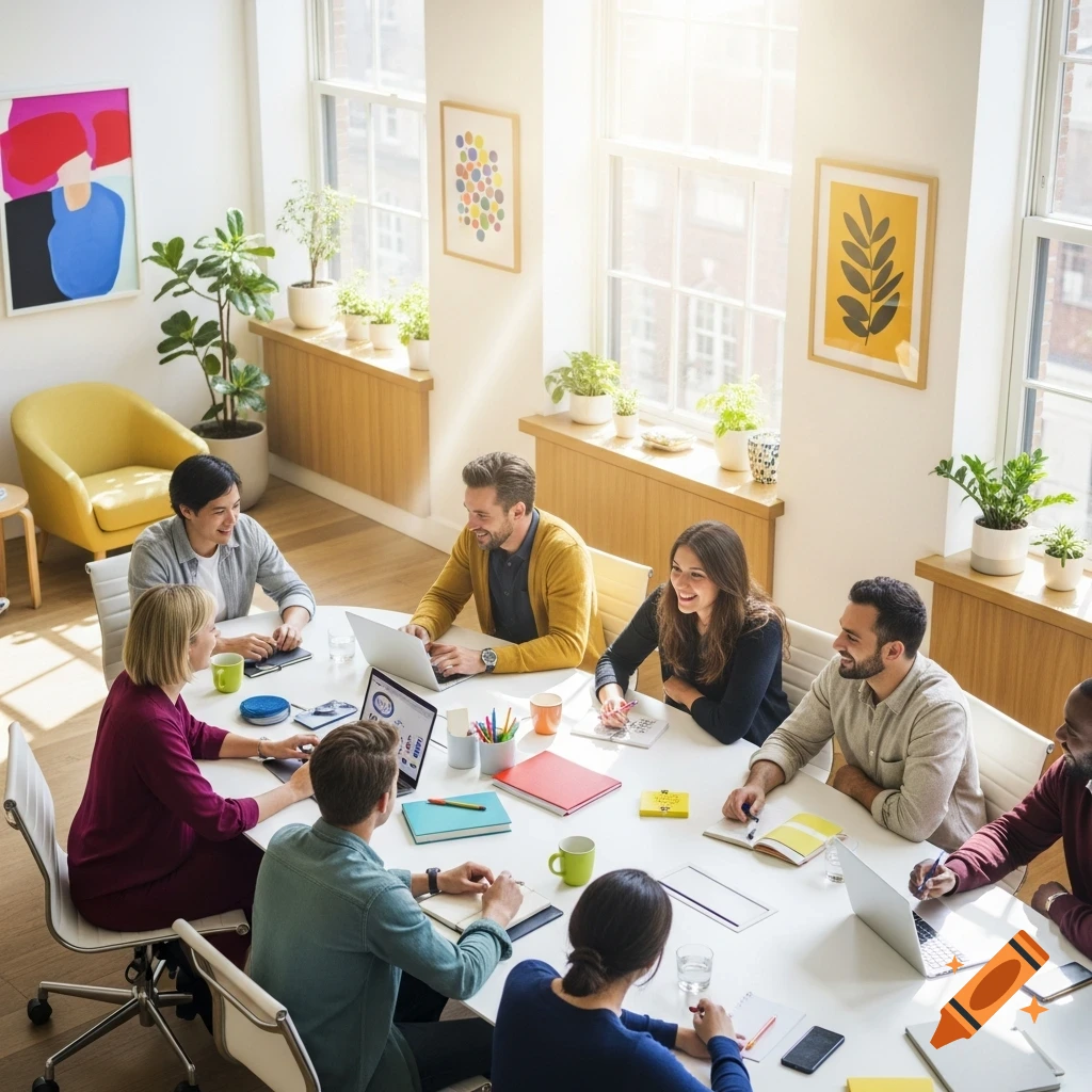 A diverse group of happy professionals collaborates around a large white table in a bright, modern office meeting room.