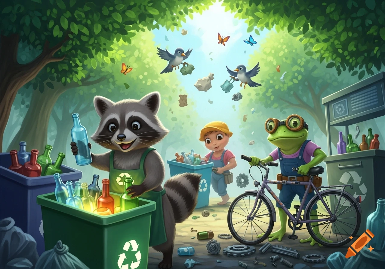 A friendly raccoon, child, and frog with a bike sort colorful bottles into recycling bins in a vibrant forest, cartoon style.