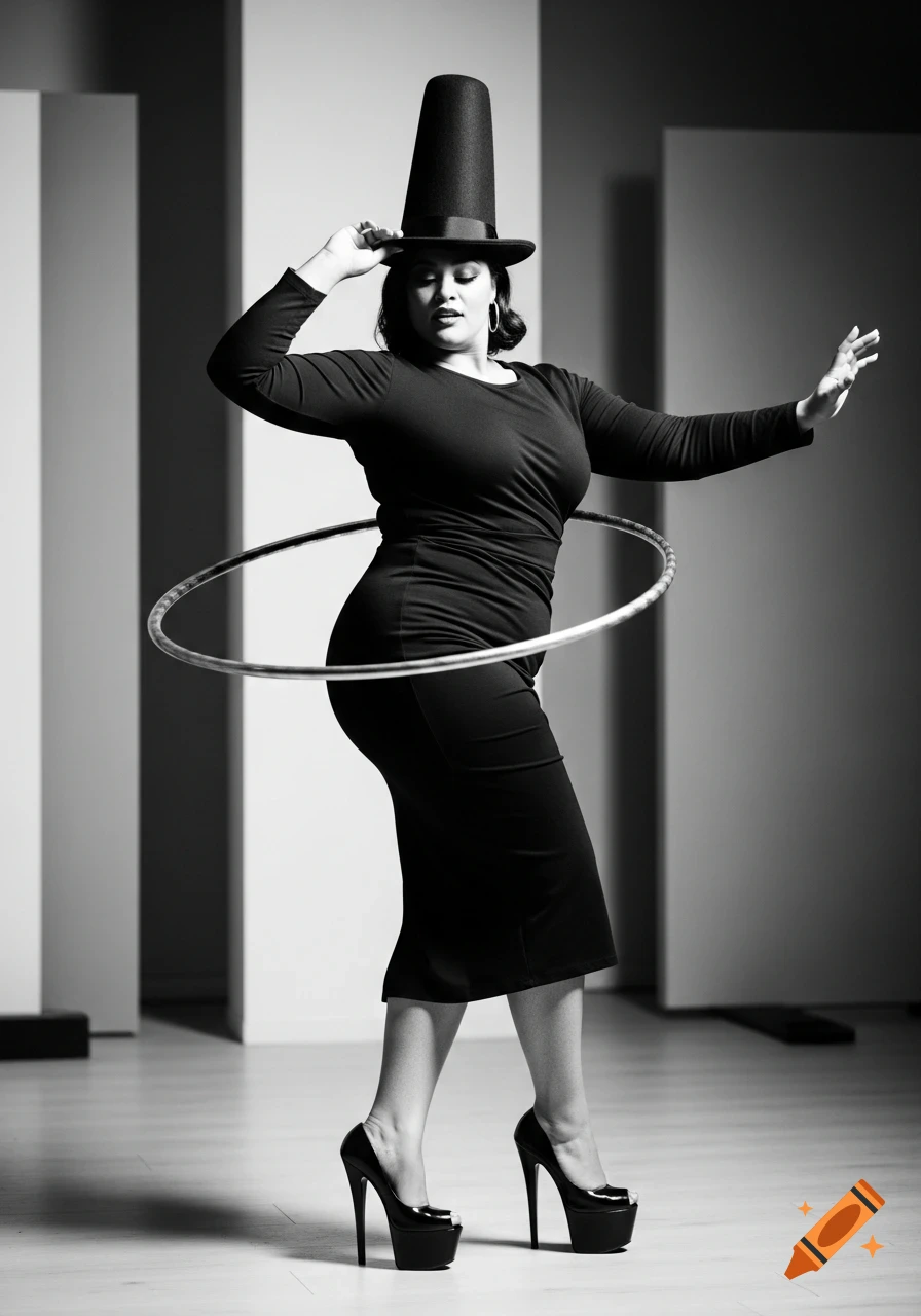 Black and white photo of a woman in a conical hat, black dress, and high heels, hula hooping in a studio.