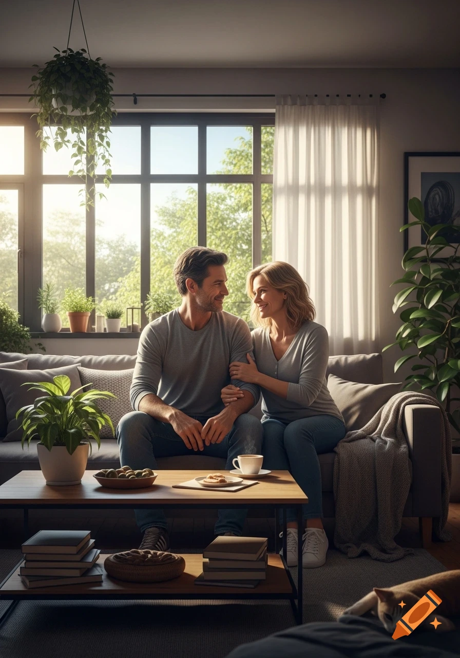 A photorealistic image of a smiling couple sitting on a sofa in a cozy living room, bathed in soft morning light, with a cat resting nearby.
