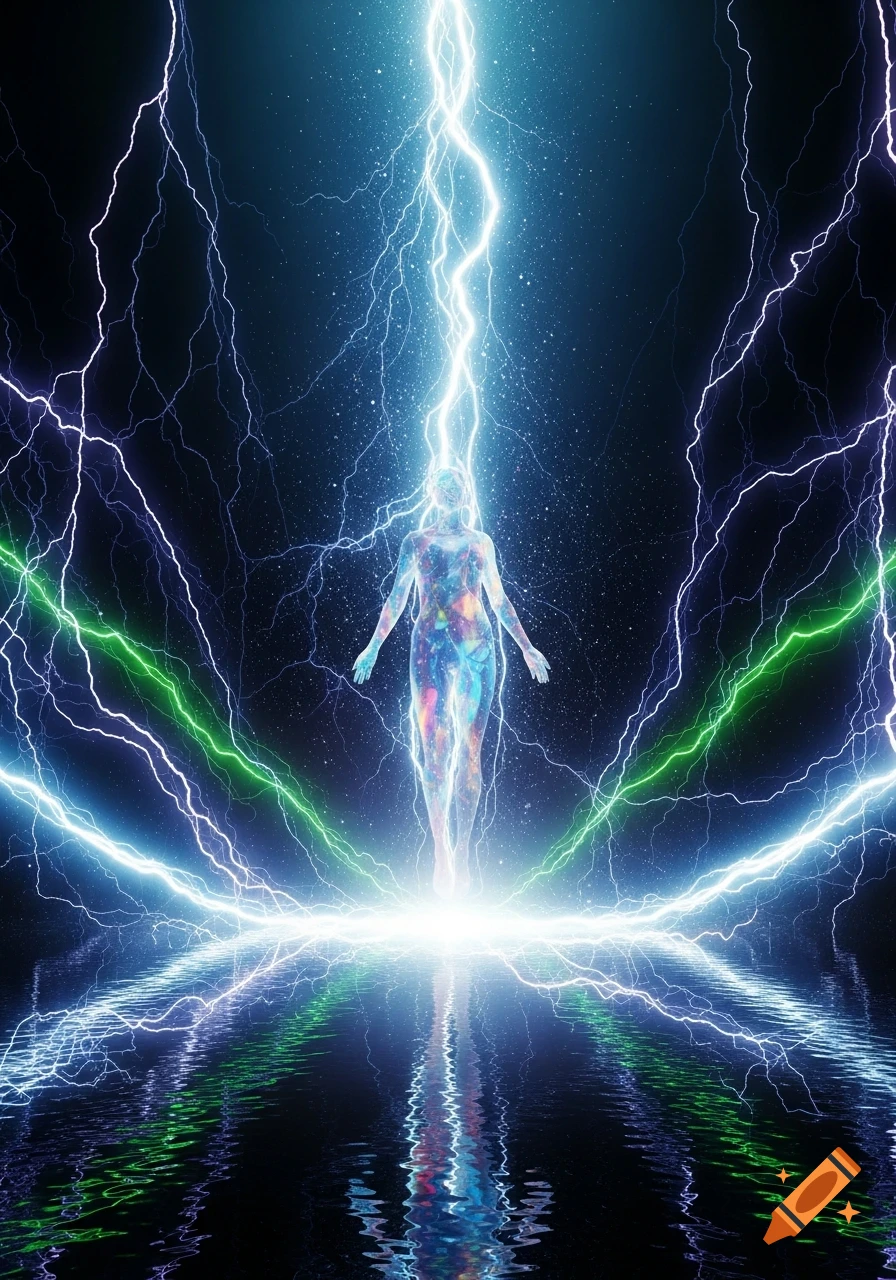 A glowing, translucent, human-like figure composed of colorful nebulae stands amidst bright blue and green lightning arcs reflecting on dark water.