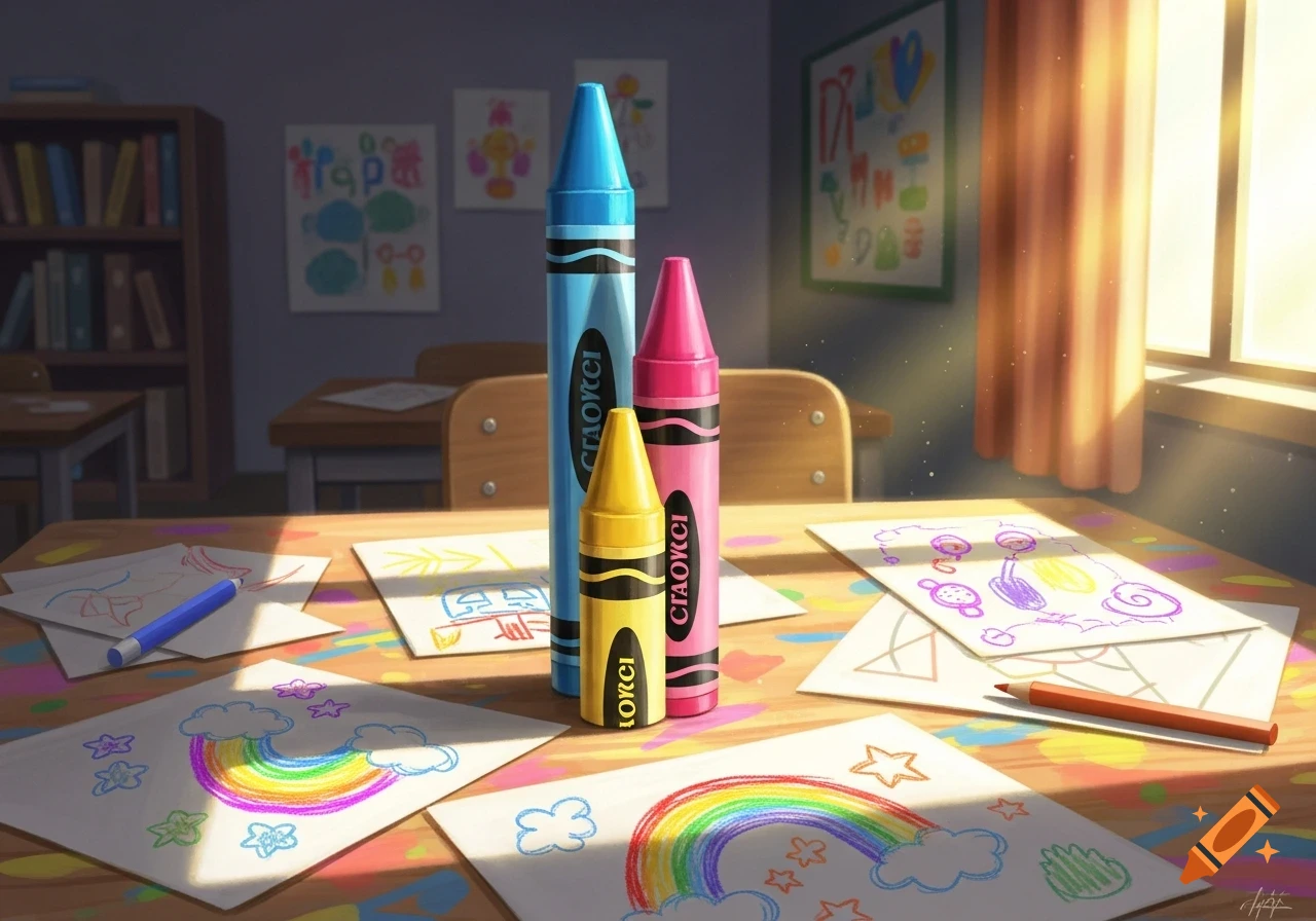 Three large crayons stand on a wooden table covered with children's colorful drawings of rainbows and stars in a sunlit classroom.