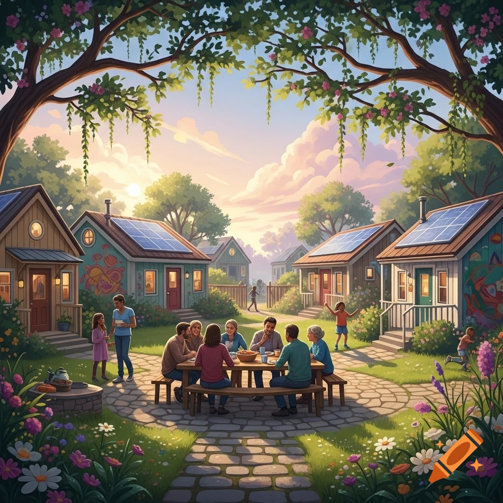 Stylized illustration of a vibrant cohousing community. People gather at a picnic table, surrounded by small houses with solar panels and gardens at sunset.