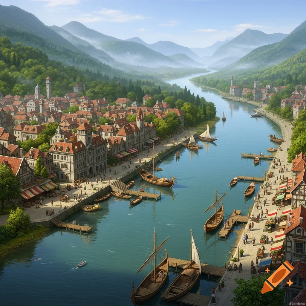 An aerial view of a picturesque old town with red-roofed buildings along a river, bustling with wooden boats and people, surrounded by forested hills.