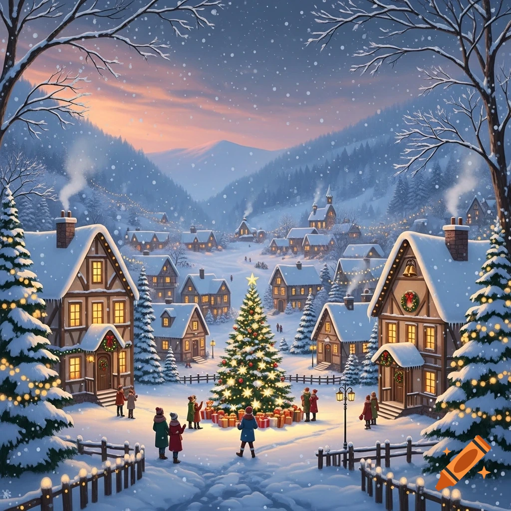 A cozy, snow-covered Christmas village at dusk with an illuminated ...