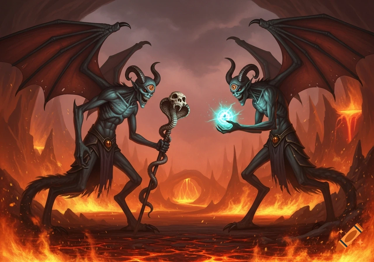Two winged, one-eyed demons with horns in a fiery hellscape; one holds a snake staff, the other a glowing orb.
