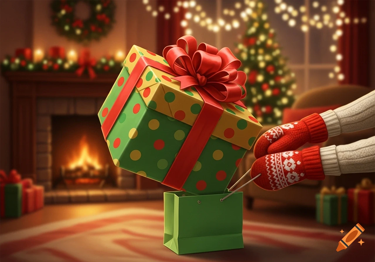 Hands in red mittens try to fit a large Christmas gift box into a small green bag in a cozy living room with a fireplace and tree.