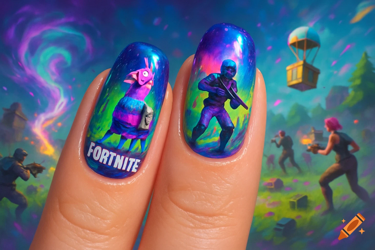 Close-up of two fingers with Fortnite-themed nail art, featuring a llama and a character, against a game landscape background.