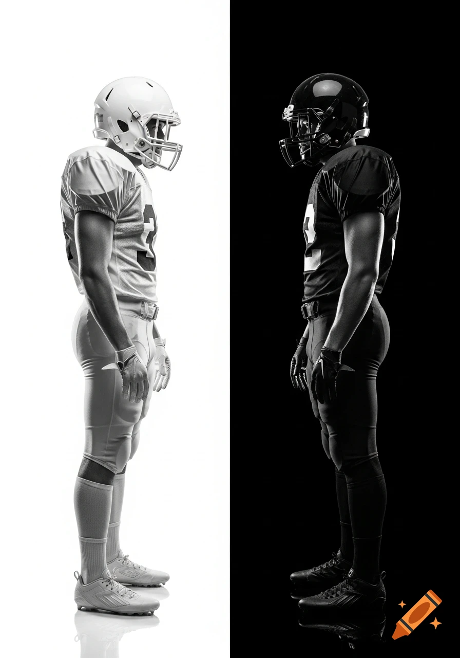 Detailed side view of two American football players, one in white uniform against a white background, the other in black against a black background.