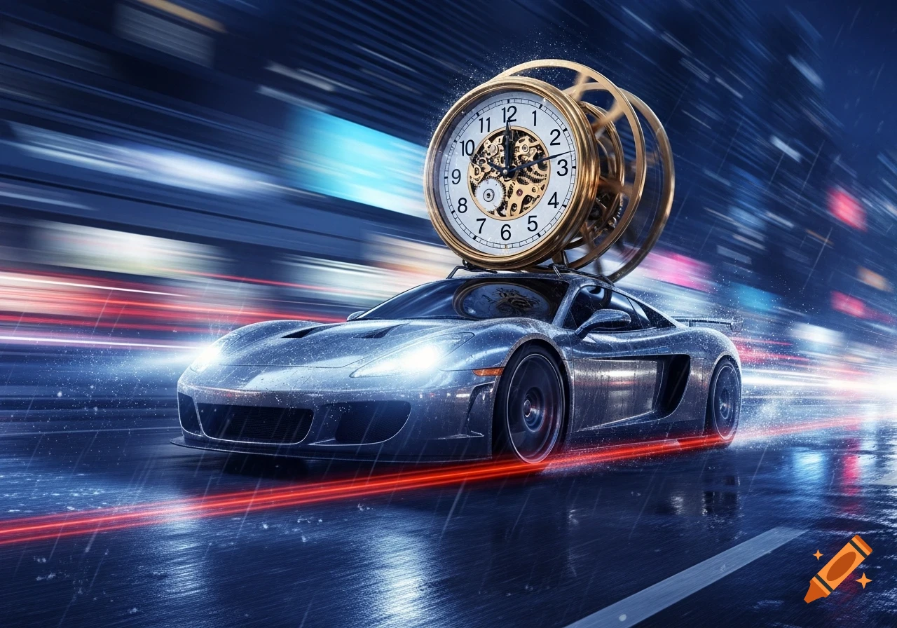 A silver sports car with a large golden pocket watch on its roof speeds down a wet, neon-lit city street at night, conveying rapid motion.