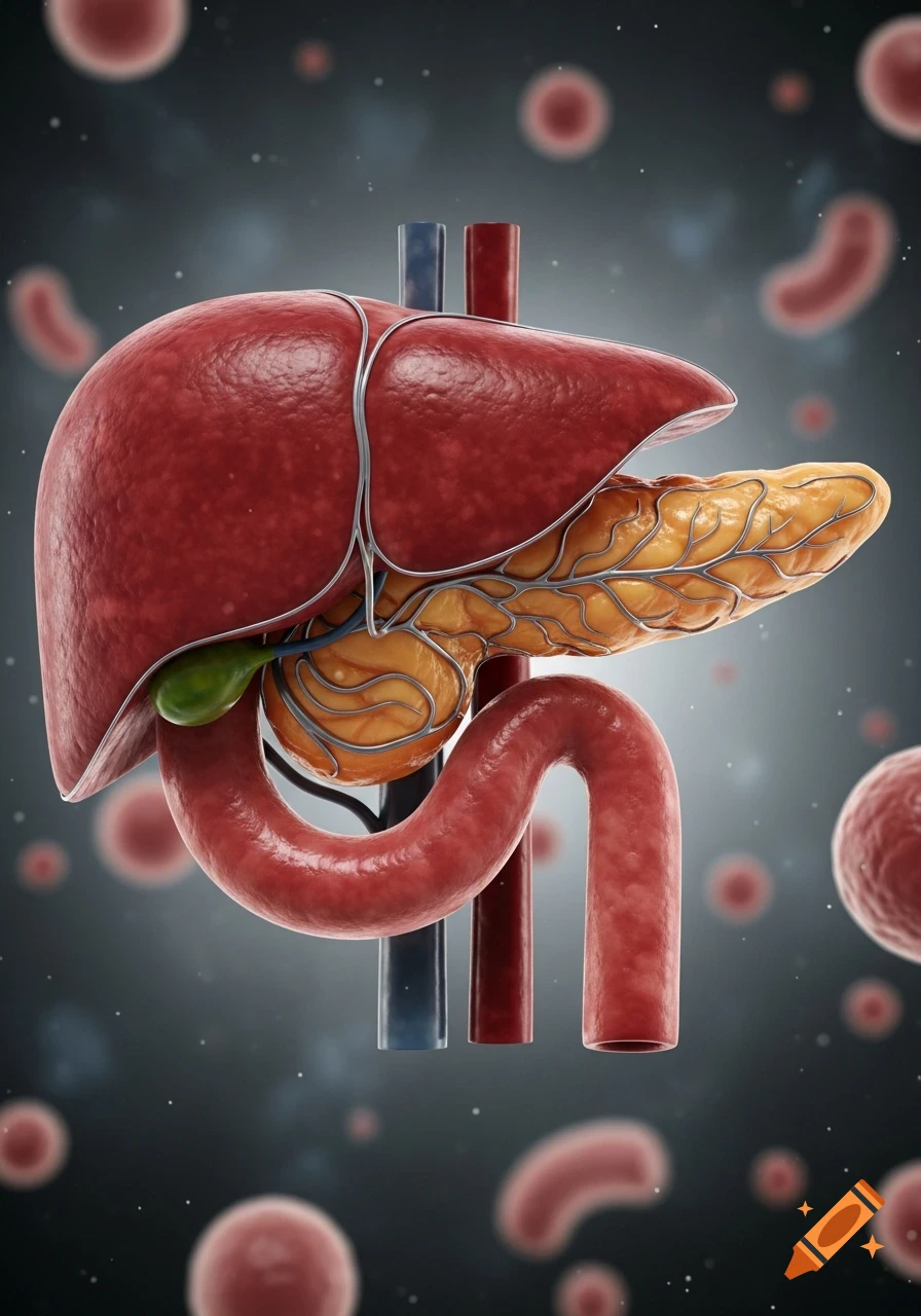 3D medical illustration of human liver, pancreas, gallbladder, and duodenum with vessels.