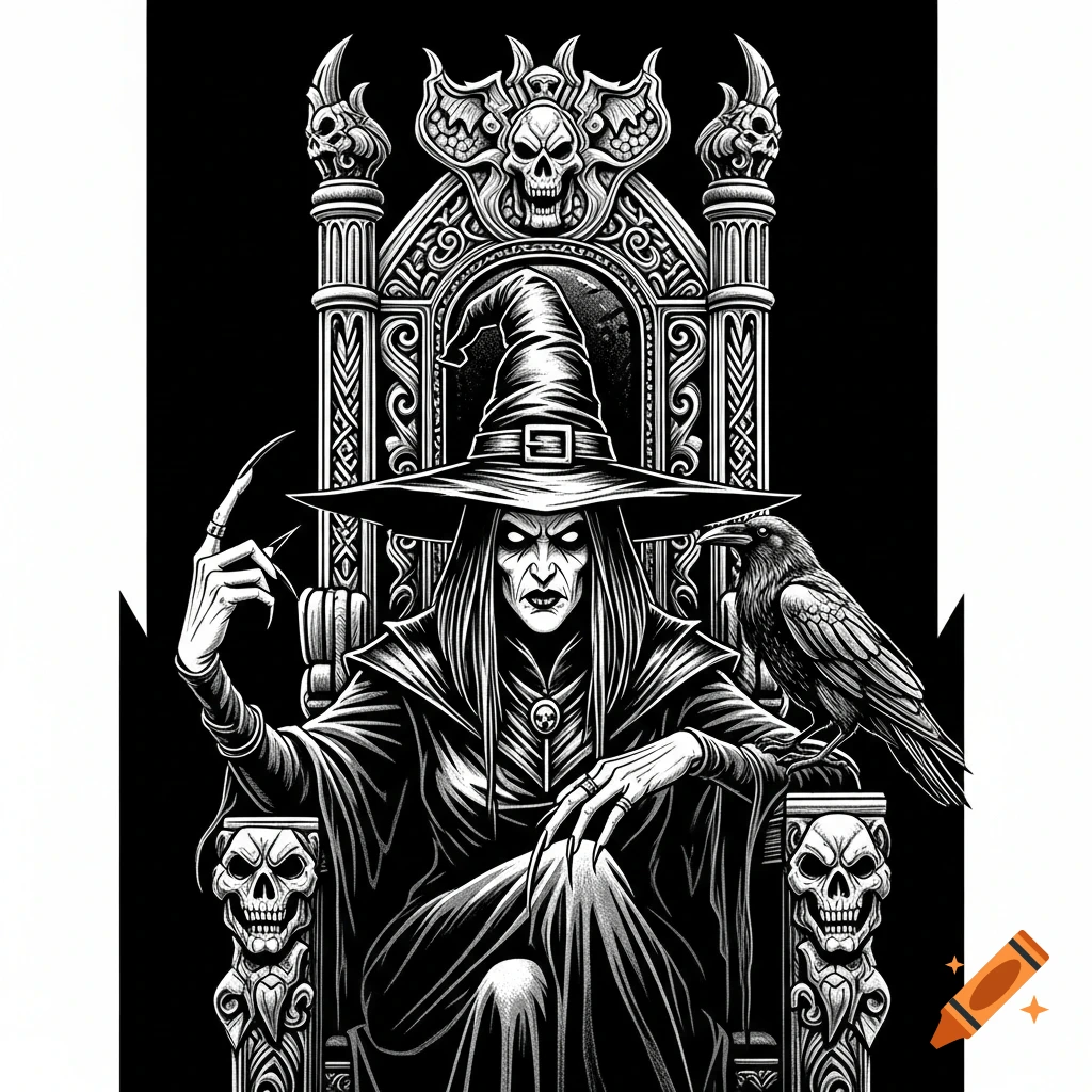 High-contrast black and white drawing of a gaunt witch with long nails sitting on a skull-adorned throne, a raven perched on her shoulder.