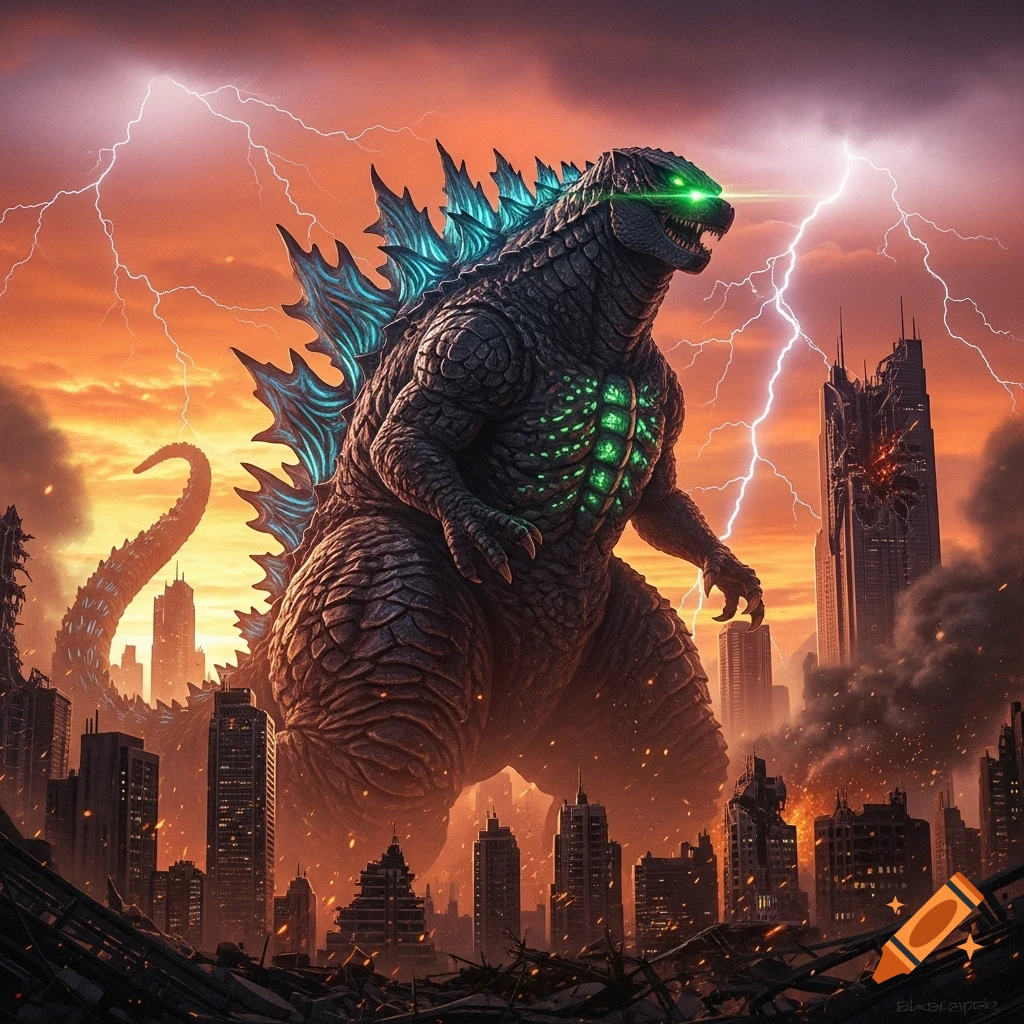 Godzilla, a giant monster with glowing green eyes and chest, stands amidst a destroyed city under a lightning-filled, orange sky.