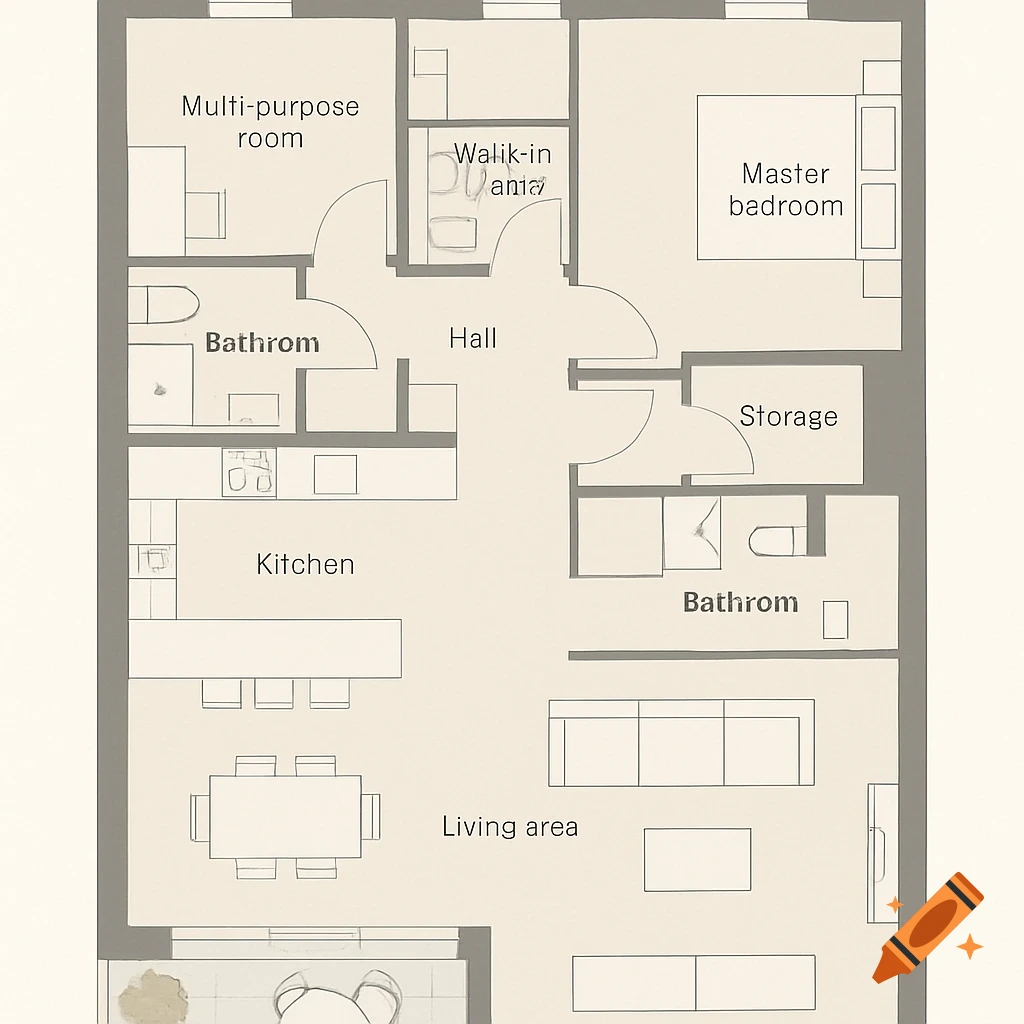 A top-down floor plan of an apartment with rooms including a living area, kitchen, master bedroom, multi-purpose room, and bathrooms, in a clean, neutral style.