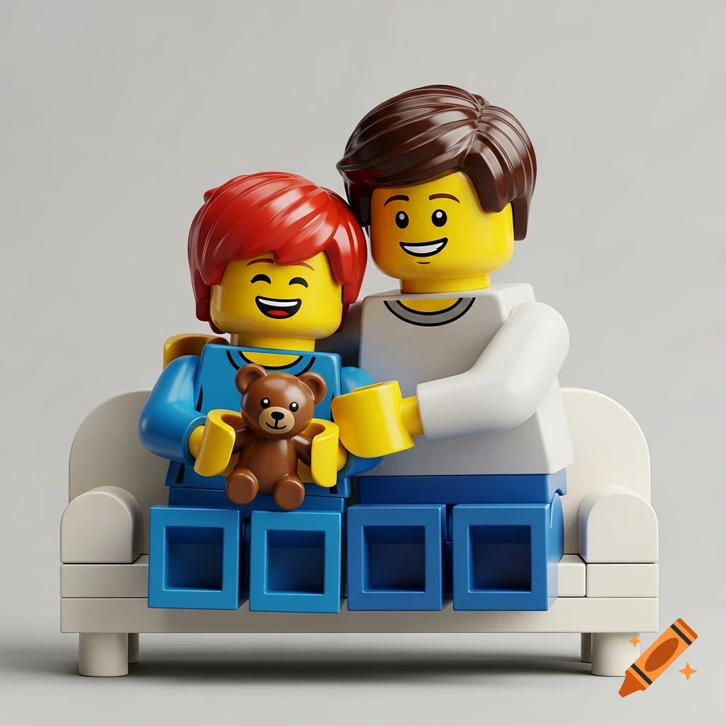 Two smiling Lego minifigures, an adult and a child, sit on a white sofa. The child holds a teddy bear as the adult hugs them.