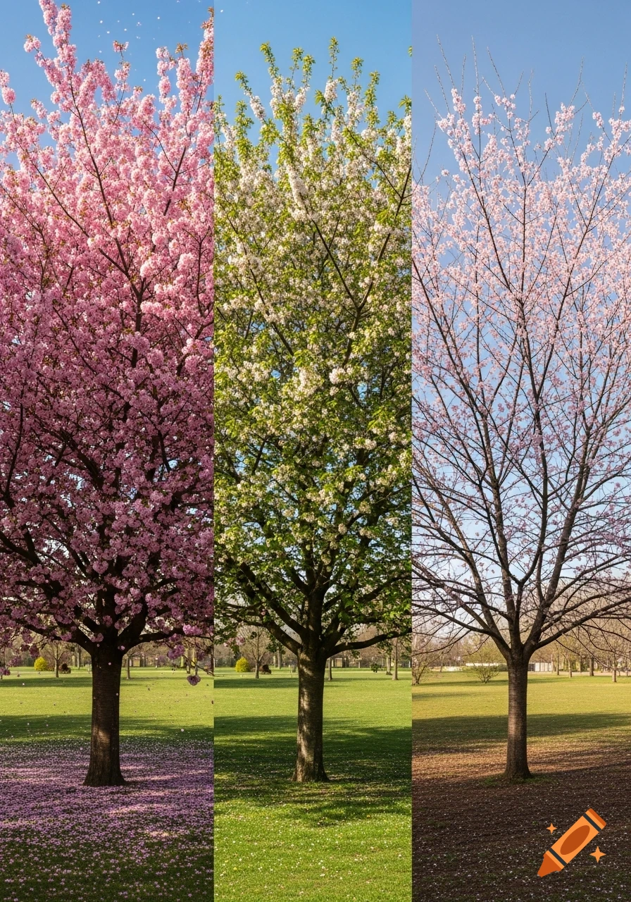 Three photorealistic blossom trees side-by-side, showing stages of bloom from lush pink, to green with white flowers, to sparse pink.