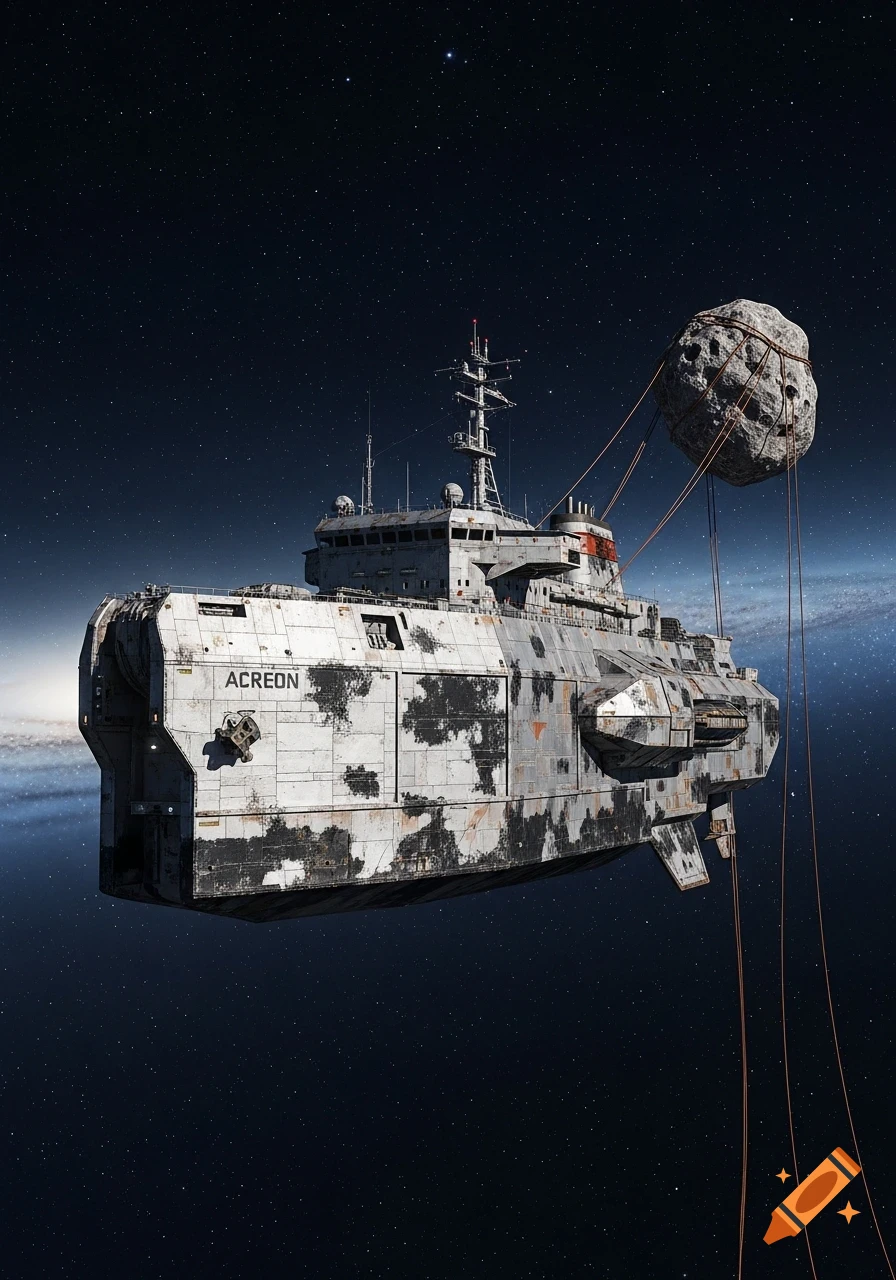A weathered space mining ship named "ACREON" floats in deep space, towing a misshapen asteroid with cables.