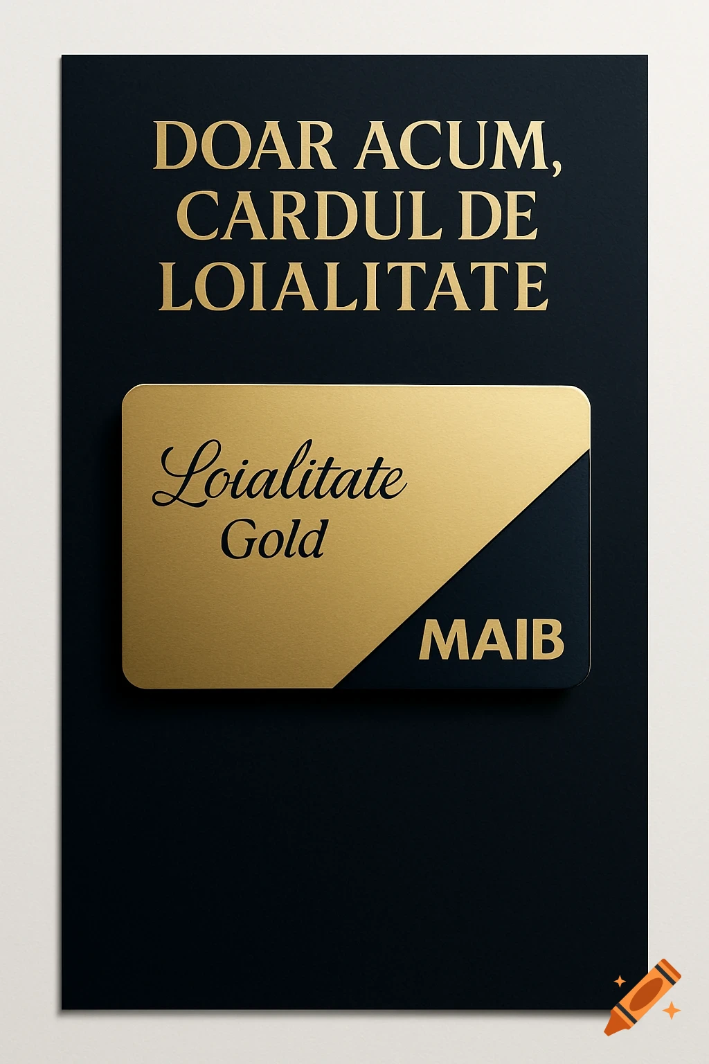 A luxurious gold and dark blue 'Loialitate Gold' MAIB bank loyalty card on a dark blue flyer with promotional text.