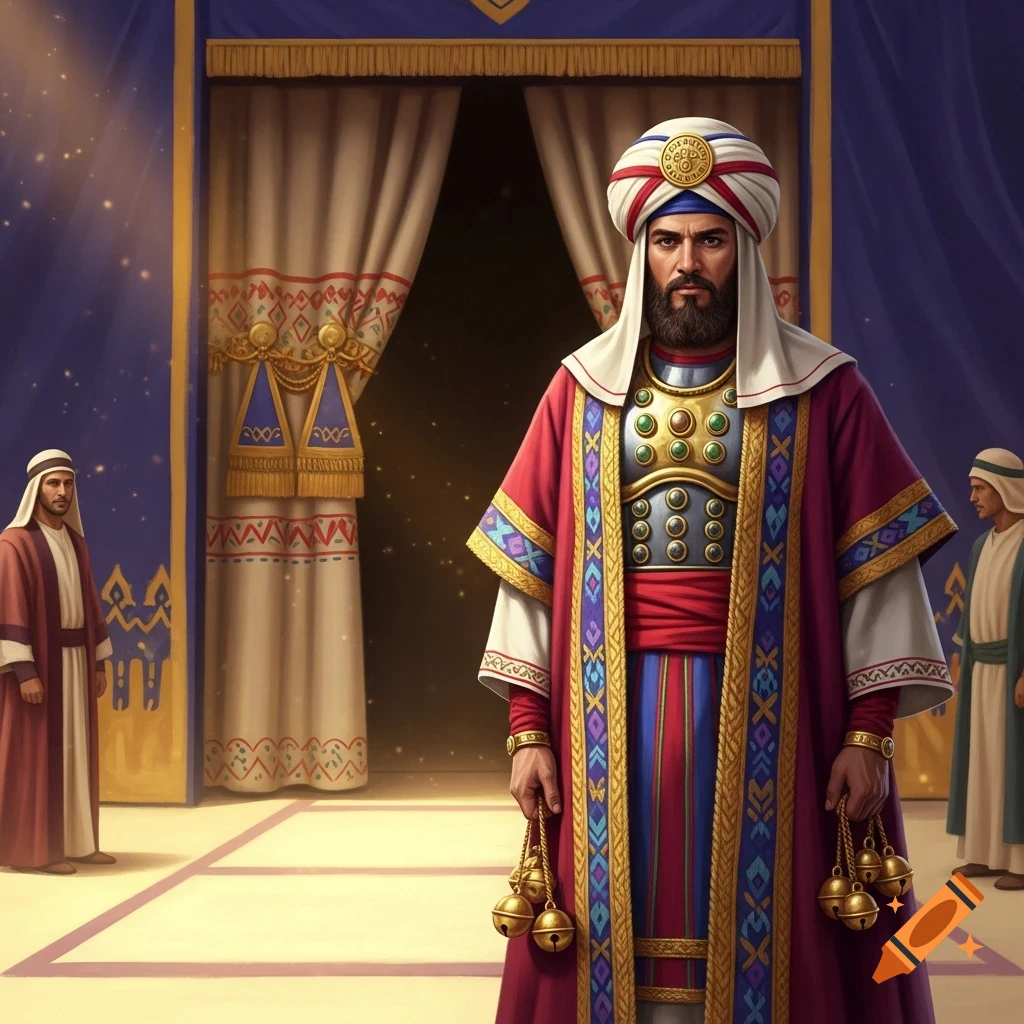 An Israelite High Priest in ornate red and gold robes and breastplate, holding golden bells, stands before decorated curtains in a tabernacle.