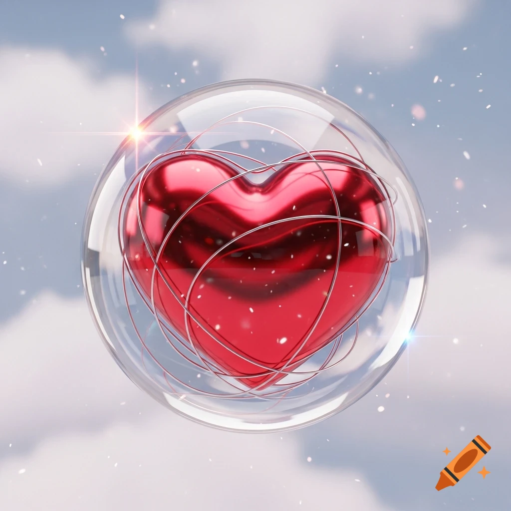 A glossy red metallic heart is encased within a transparent sphere with silver lines, set against a soft cloudy blue sky with white speckles.
